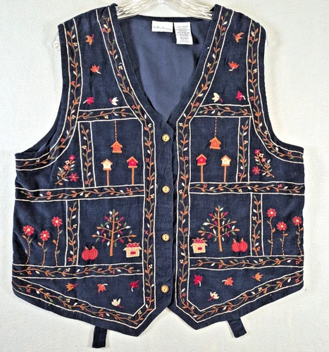 Vintage Bobbie Brooks Women's Large Corduroy Birdhouse Navy Vest Embroidered
