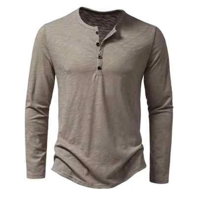 Men's Shirt Cotton Henley Neck T-Shirts Long Sleeve Casual Button Plain 25% OFF! - Image 1 of 4