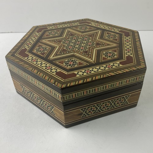 Vintage handgefertigte achteckige Intarsien Holz Einlage Davidstern Klappbox gefüttert 7 Zoll - Bild 9 von 17