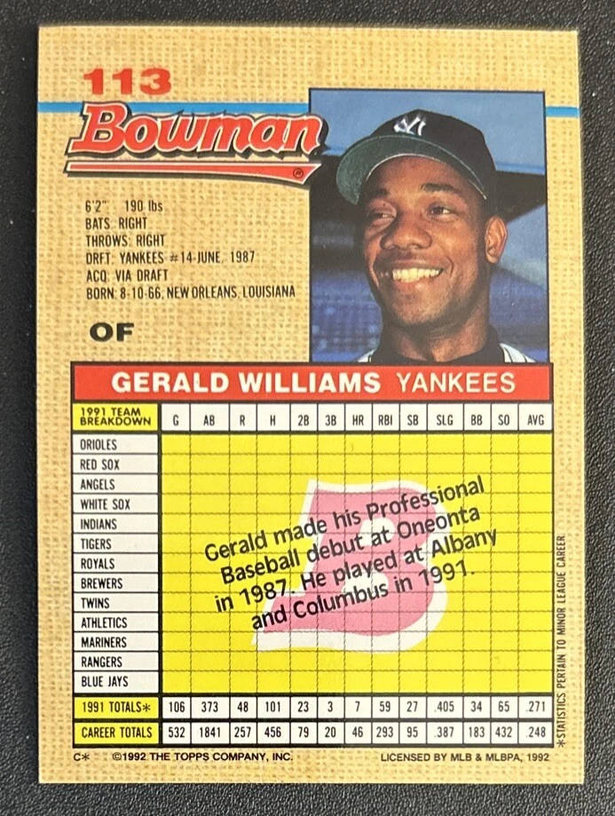1992 Bowman Gerald Williams Baseball Rookie Card RC #113 Yankees Pitcher VG O/C - Image 2 of 2