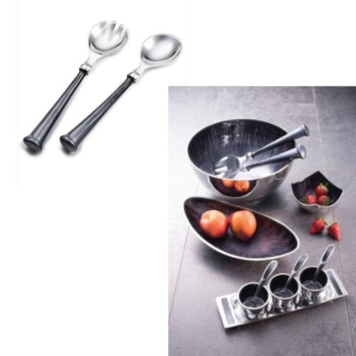 Paar Salatbesteck grau Emaille Metall Salatzange Mittagessen Gastronomie Abendessen Buffet