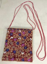 Made India Beaded Sequined Small String Womens Shoulder Bag 6" Satin Zip