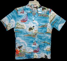 Sz M Vin 80's Islander Hawaiian Aloha Shirt Sail Boats/Tropical Palms Aqua Poly