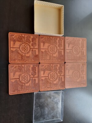 6 Bierdeckel München Leder, leather beer mats coaster, olympic games 1972, rare