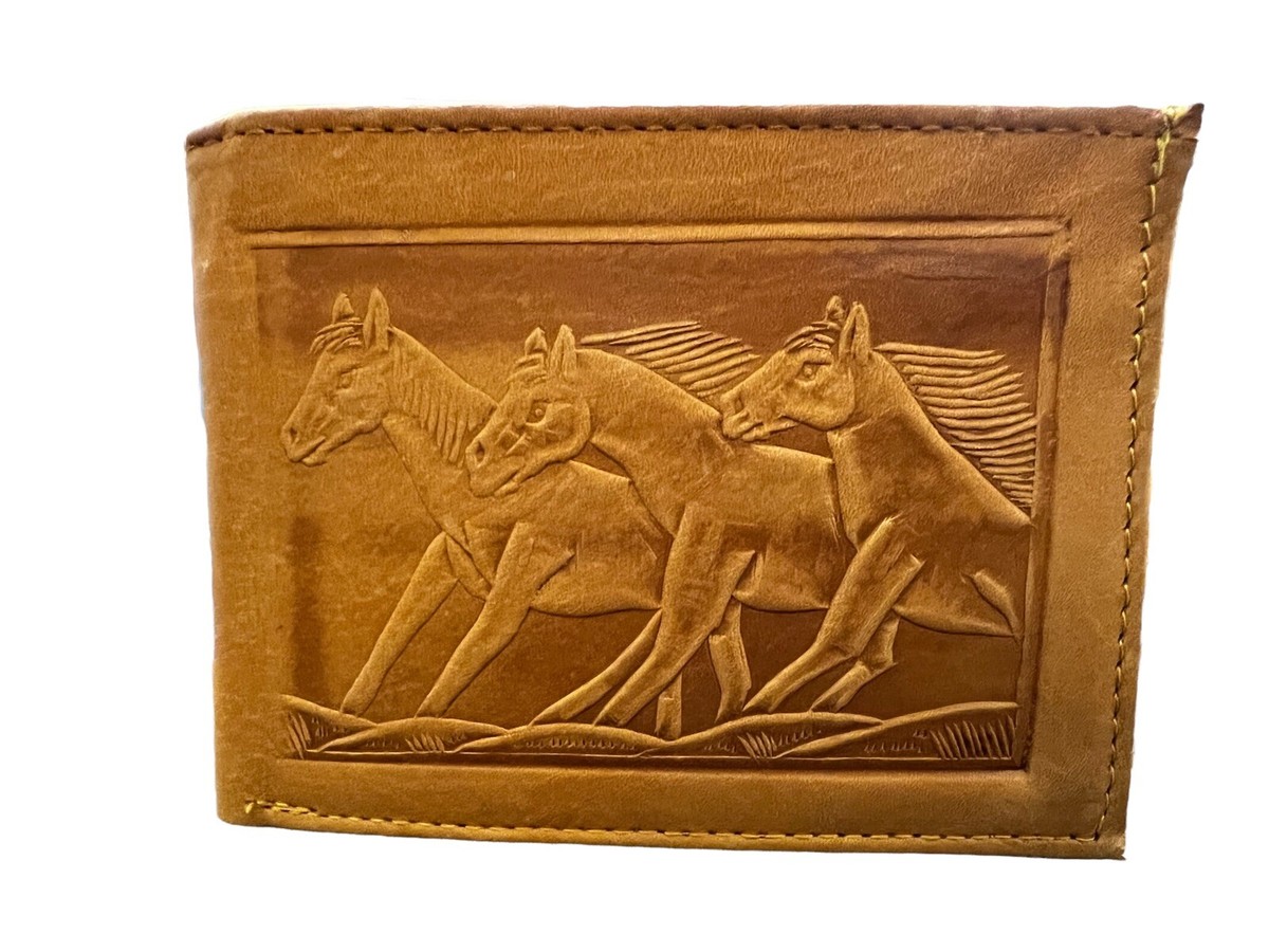 Western Style Rodeo Horse Leather Wallet Men Billetera piel Caballo Tan
