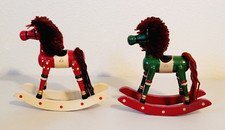 2 Vintage Wooden Holiday Rocking Horses Red  Green with Yarn Mane  Tail 7"