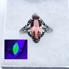 Sterling Pink Uranium Glass Ring Marquise Cut Filigree Oxidized 925 Silver