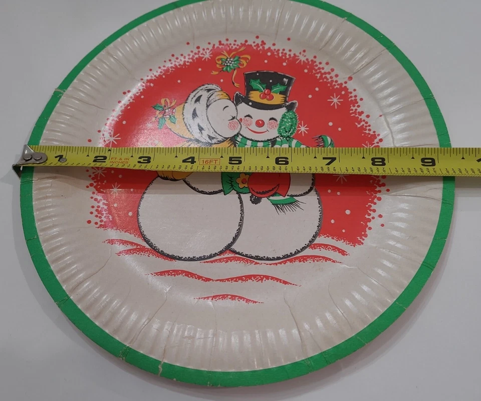 Plato de papel muñeco de nieve besando vintage años 50-70 Navidad invierno *1 plato solamente Foto 3 de 4