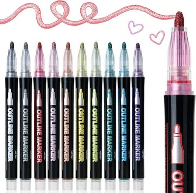 Double Line Metallic Markers 10 Color Set Self-Outlining Craft Pens for Art