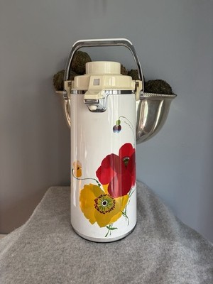 VTG Zojirushi Elephant Roman SS Airpot Pump Thermos Floral Poppy Japan 1.92 L