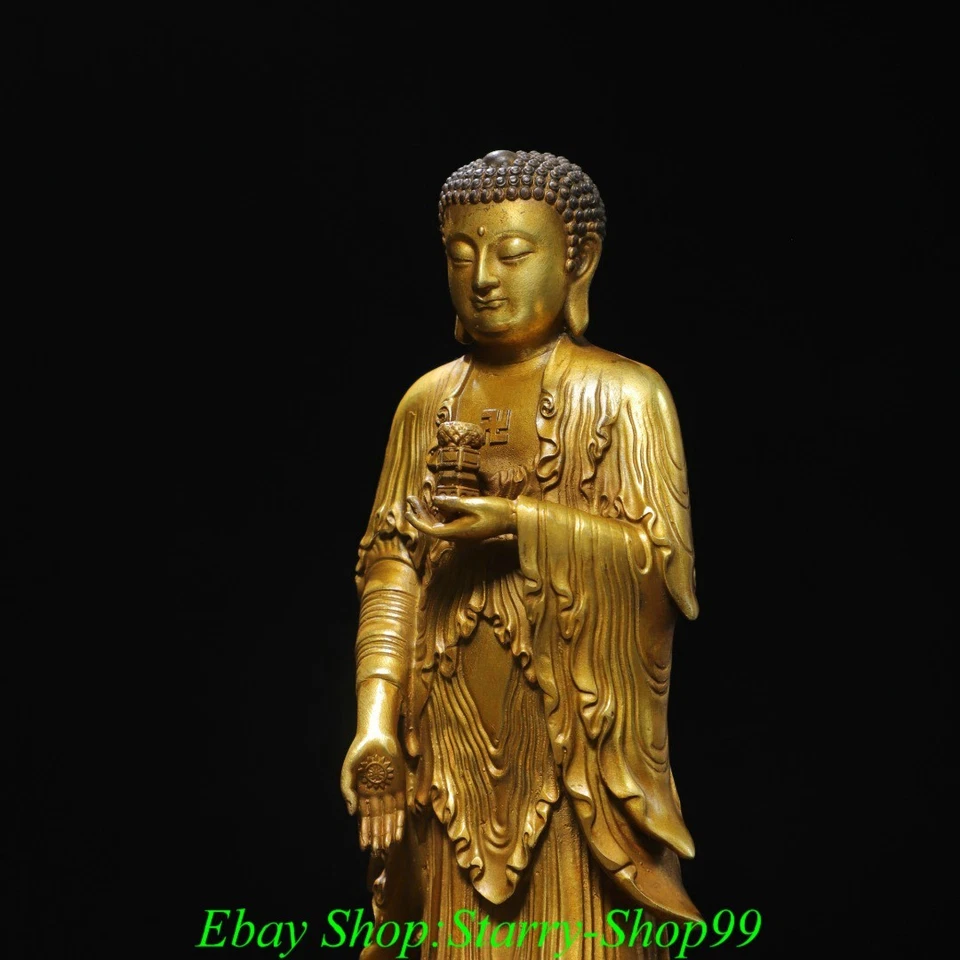 Estatua de Buda Shakyamuni Sakyamuni Amitabha 8,2" Antiguo Budismo Tíbet Bronce Dorado Foto 4 de 4