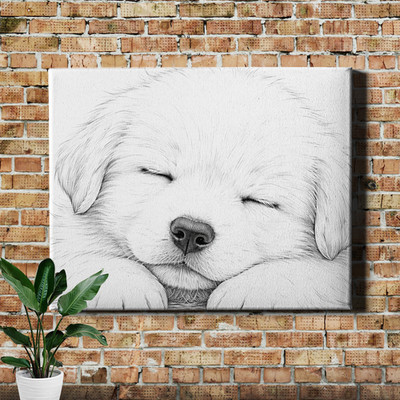 Fluffy sleeping puppy linework Canvas Art minimal white background sketch