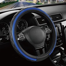 Leather Steering Wheel Cover Black Universal Fit 14.5-15 Inch Blue