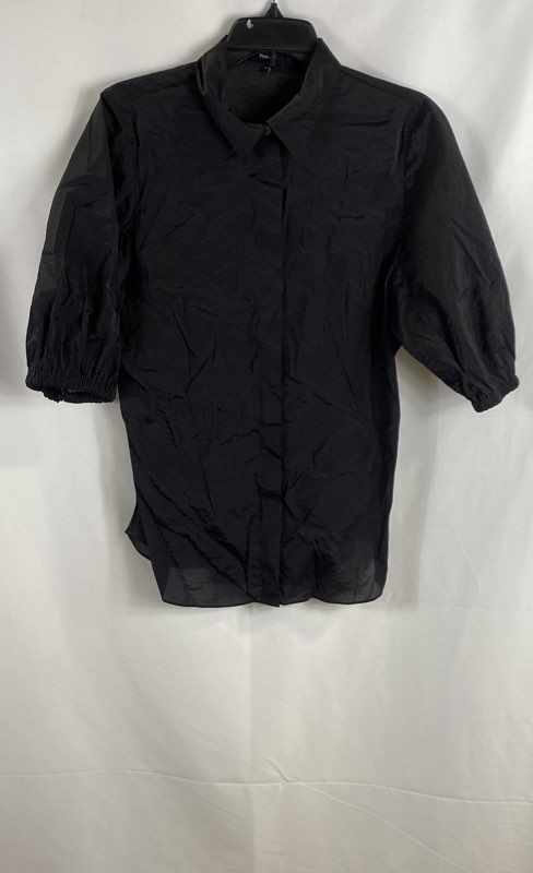 Theory Women's Blouse Shirt Black Tech Taffeta Puff Sleeve Cinch Back Sz M