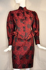 Emanuel Ungaro PARALLELE Burgundy  Black BROCADE Skirt Suit Size 10, VTG 1980s