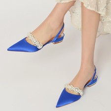 Satin Slingback Flats Pearl Beaded Front Strap Pointed Toe Women's Bridal Shoes