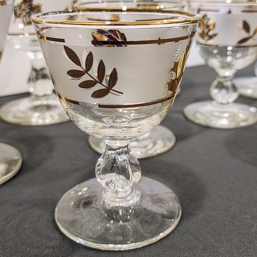 Vintage Mid Century Set of 8 Libbey GOLDEN FOLIAGE Frosted Band Glass Barware - Picture 6 of 15