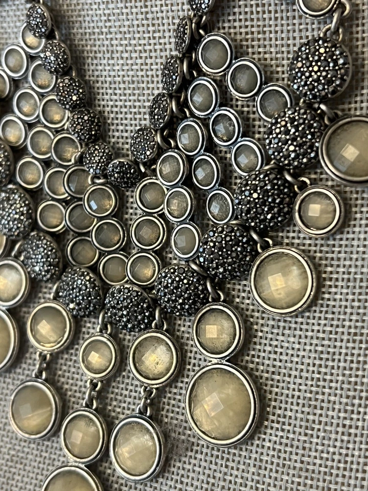 Lucky Brand Bib Necklace Silver Tone Champagne Rhinestones Statement Jewelry - Image 3 of 4