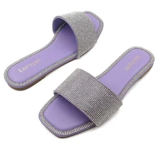 Lurnyet Women's Summer Casual Crystal Rhinestone Slide Sandals Square Toe
