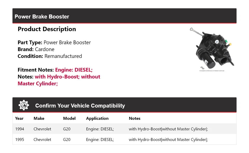 For 1994-1995 Chevrolet G20 DIESEL Power Brake Booster Cardone - Image 2 of 4