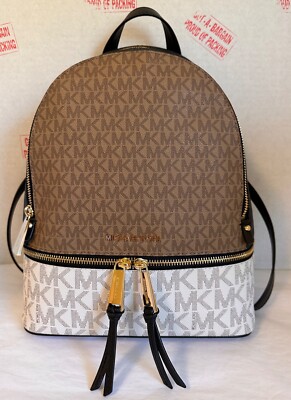 Michael Kors Rhea Zip Medium MK LOGO Brown Black Multi Backpack