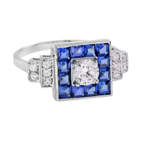 Art Deco Style Lab Created Diamond Sapphire Wedding Ring 14k White Gold Finish - Picture 2 of 10