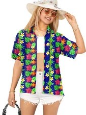 LA LEELA Women's Button Down Blouses Floral Summer XL Tropical, Royal Blue
