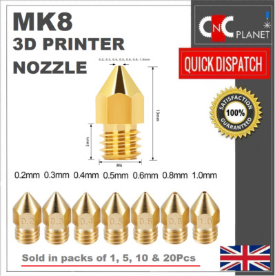 3D Drucker Düse Messing Extruder MK8 für CR-10 Ender 3 Anet A8 M6 0,2 mm bis 1 mm 