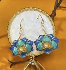 925 Silver Plated Cloisonne Blue Flower Earrings Tassel Dangle Vintage Hook Gift