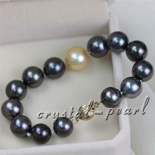 7.5-8" AAA 10-9 SOUTH SEA NATURAL White black PEARL BRACELET 14K GOLD CLASP - Picture 3 of 3