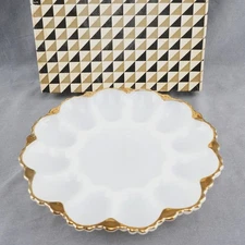 Vintage Deviled Egg Dish Plate Platter Gold Rim  Anchor Hocking Milk Glass 9.75"
