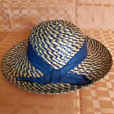 Damen Sonnenhut Stroh geflochten Blau/Beige m...