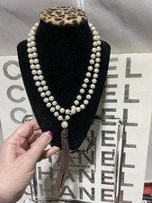 Faux Pearl Necklace, Individually Knotted With Dark Brown Tassel