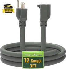 3 Ft Extension Cord - 12/3 SJTW Heavy Duty Grey Extension Cable with 3 Prong Gro
