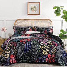 Floral Quilt Sets King Size Black 3 Pieces Bedspread Bedding Set Soft and Cozy M