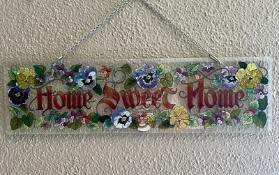 Amia Hand painted Stained Glass Sun Catcher PANSIES surrounds HOME SWEET HOME