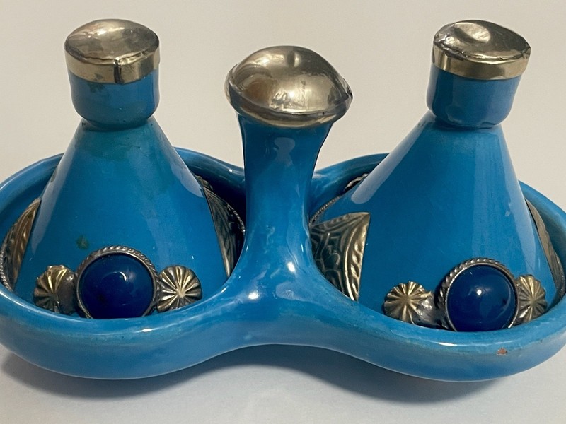 MOROCCAN SPICE HOLDER DOUBLE WELL METAL ACCENTS POTTERY PAINTED