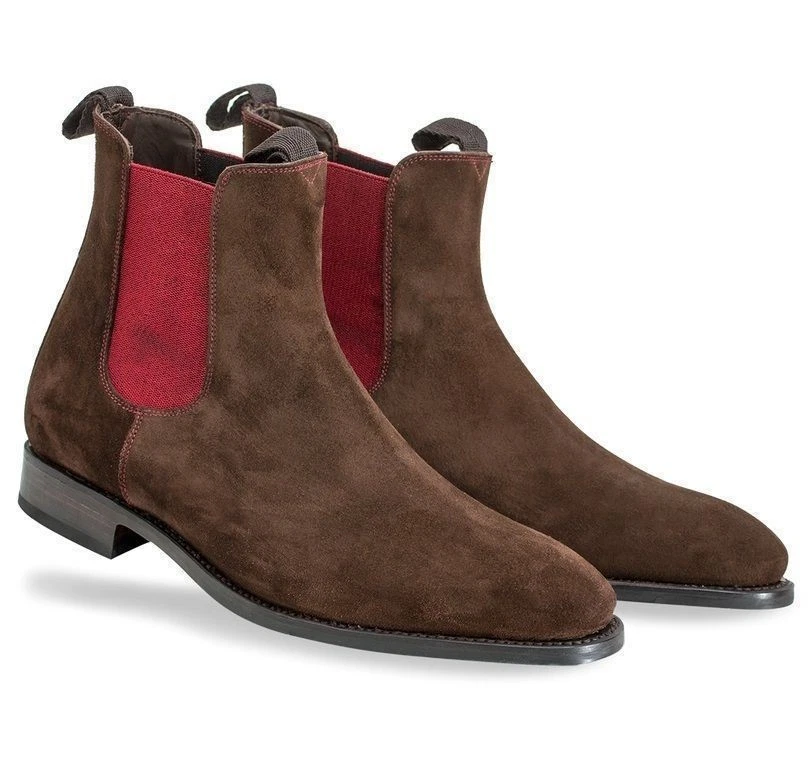 New Handmade Chelsea Cherry Elastic Strip Brown Suede Leather Ankle Men Boots