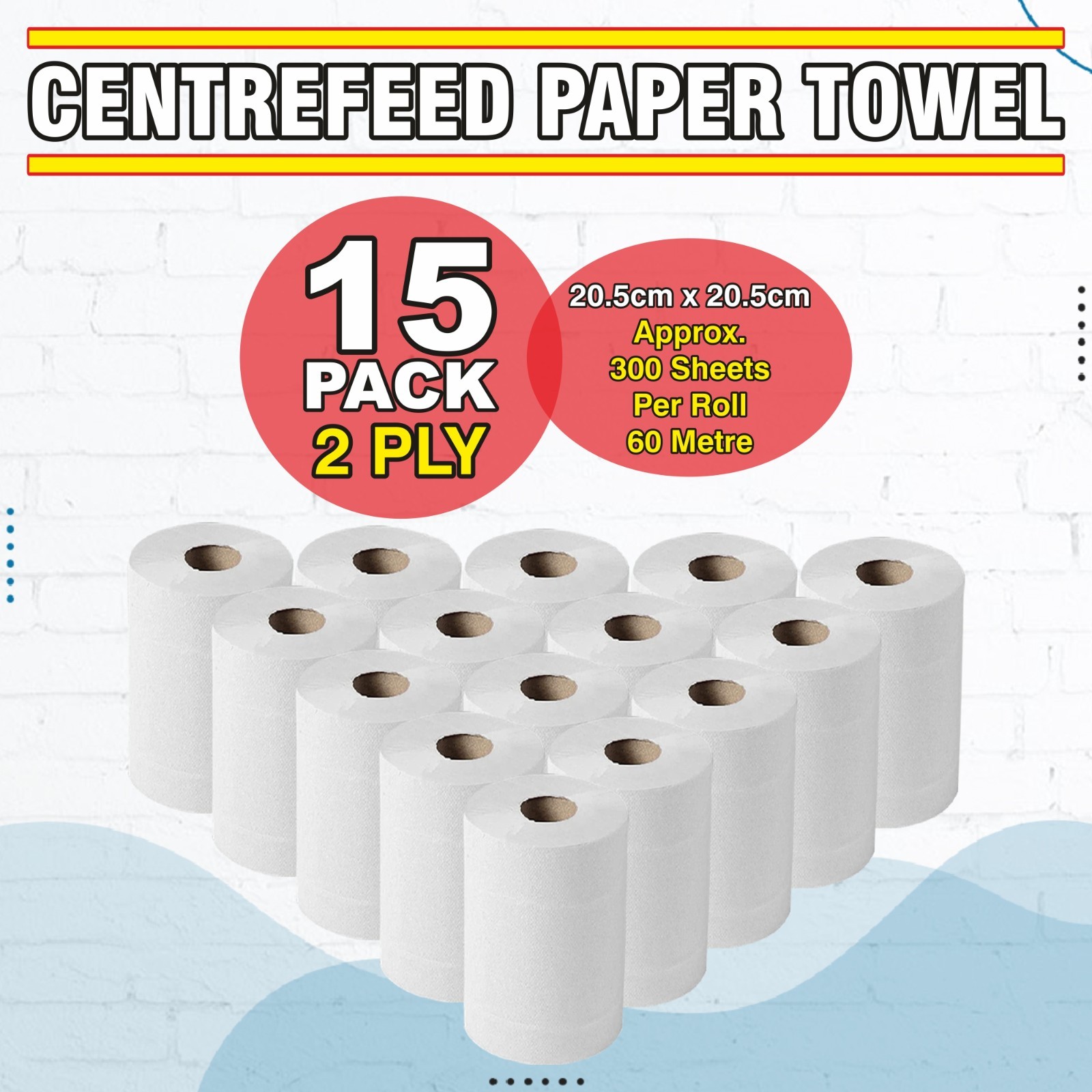 4500 Sheets Kitchen Roll Hand Paper Towel 2 Ply 60M Per Roll 20.5cm x 20.5cm