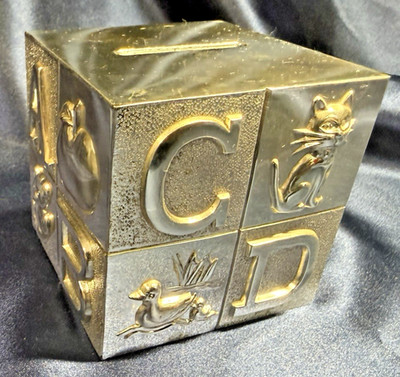 Selandia Alphabet Block Bank Silver Plated Children's Coin Cash  Bank Some Wear