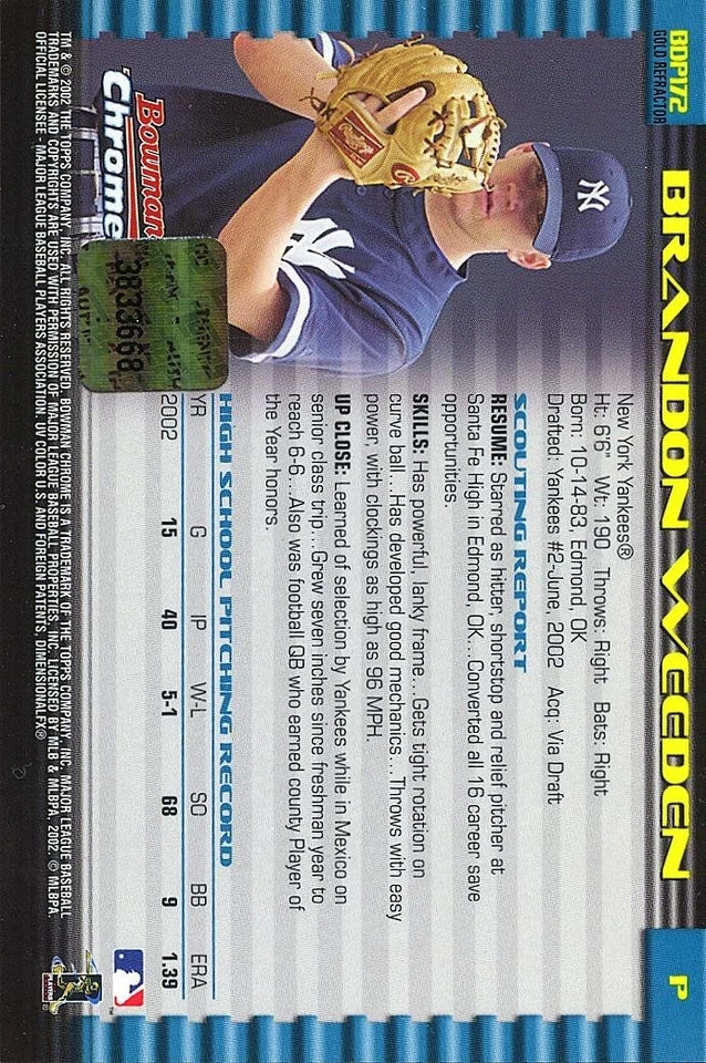Brandon Weeden 2002 Bowman Chrome GOLD Auto Autograph Yankees OSU Cowboys - Image 2 of 2