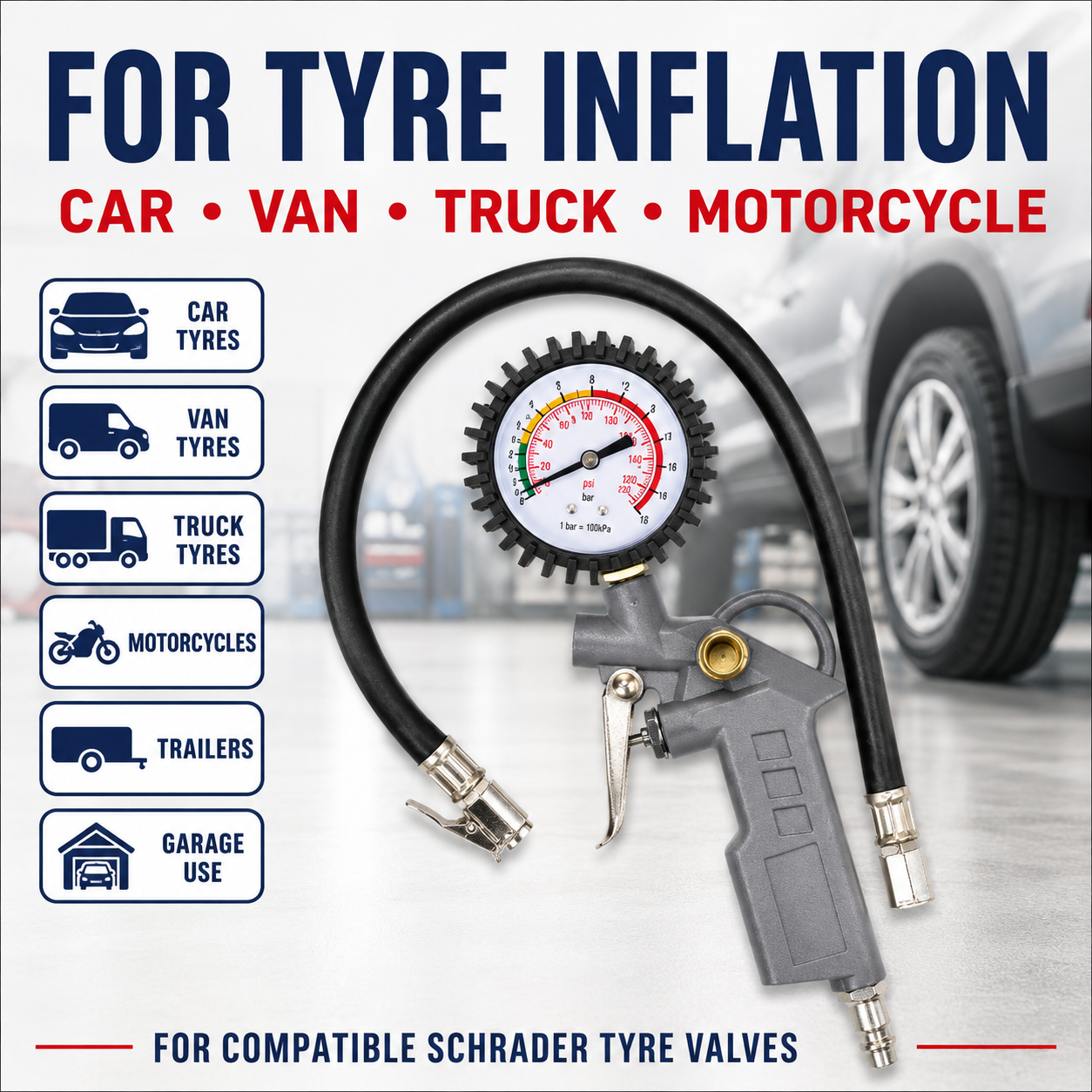 Air Tyre Inflator Gun Pressure Gauge 12 Bar 175 PSI Compressor Car Van Truck