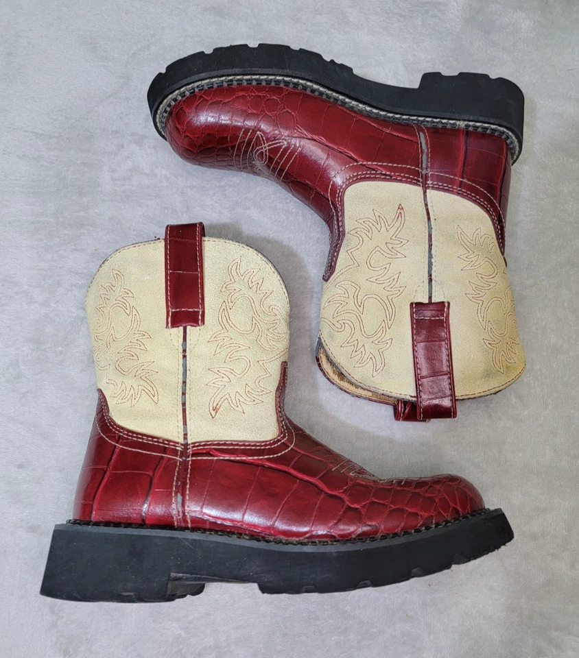 Botas femininas Ariat Fatbaby 7B crocodilo vermelho em relevo camurça marfim rodeio de vaqueira ocidental - Imagem 4 de 4