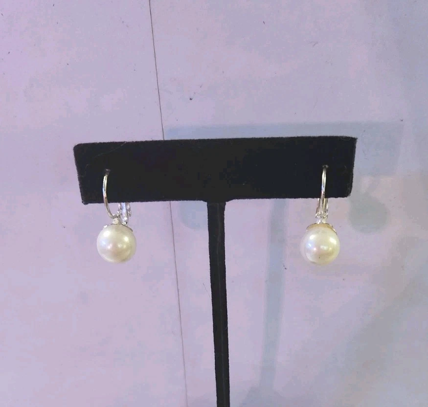 Classic White Simulated Pearl Drop Dangle Silvertone Earrings 1.0" - Image 2 of 2