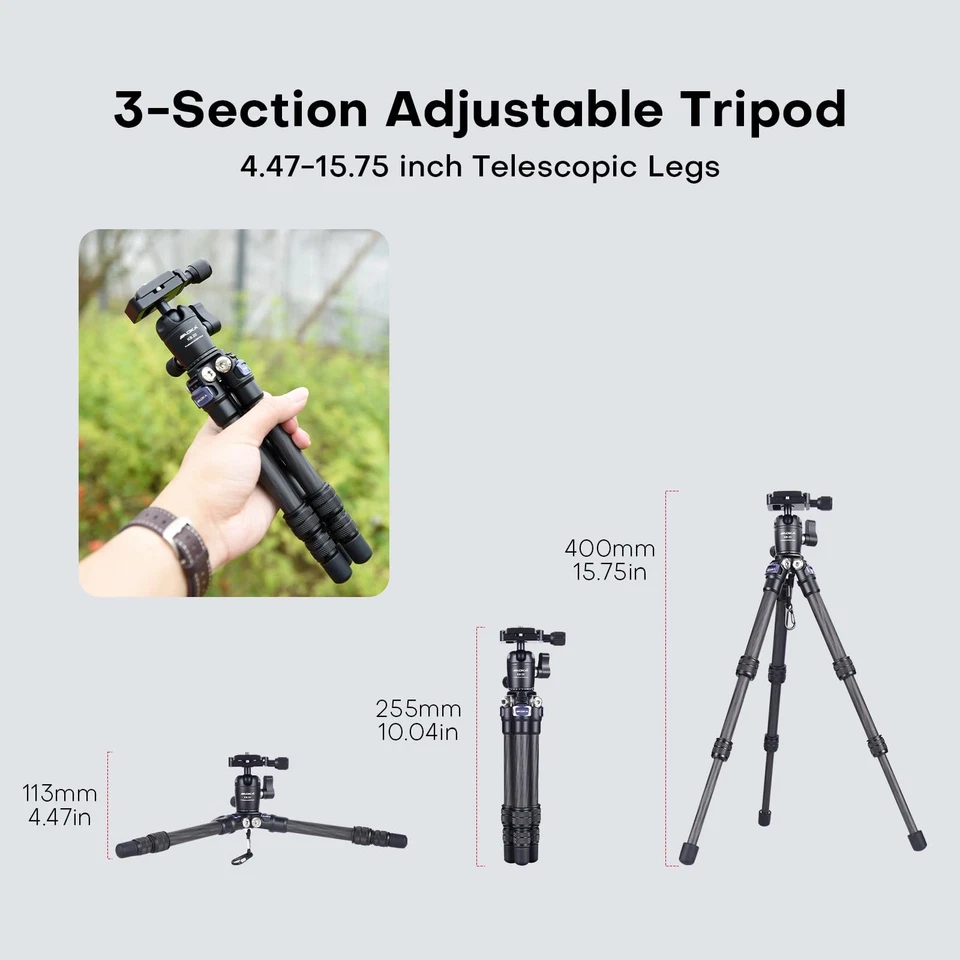 15.75"/0.99 lbs Mini Carbon Fiber Tripod, Compact Pocket Travel Tabletop Trip... - Image 4 of 4