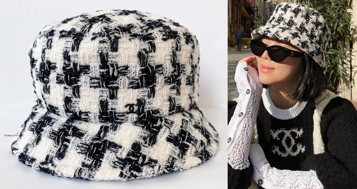 20B CHANEL BLACK WHITE SILVER CC HOUNDSTOOTH TWEED BUCKET HAT M