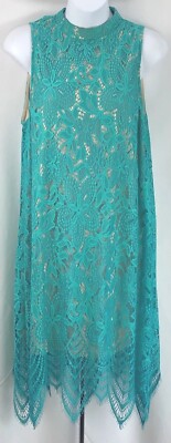 Vintage sleeveless Lace Dress L Green Mock Neck Asymmetrical Raw Edge Hem Y2K