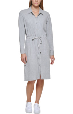 Calvin Klein Stretch Tie Waist Shirt Dress Gray Size M 4929