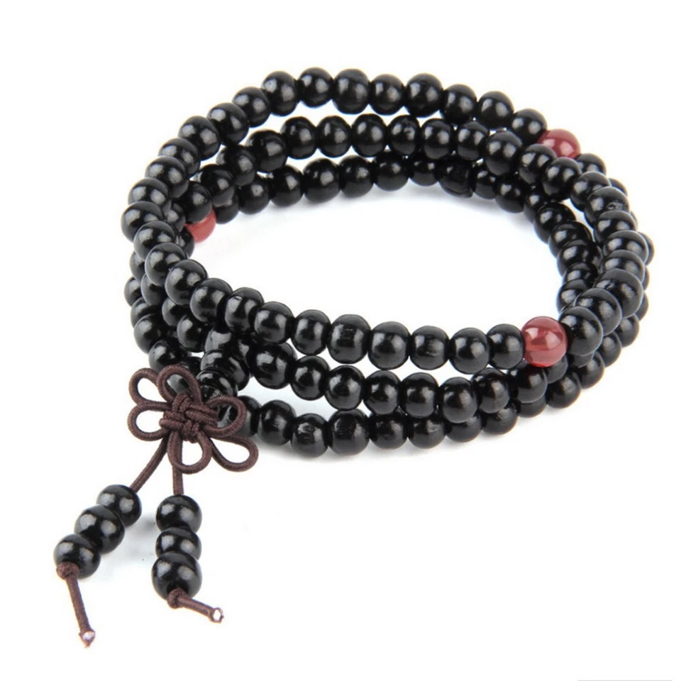 Mala bracelet bois de santal bouddha 108 perles bois prière perles noir - Photo 2/4