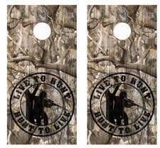 Bushwolf Camo Live To Hunt, Hunt To Live Barnwood Cornhole Board Wraps 2596